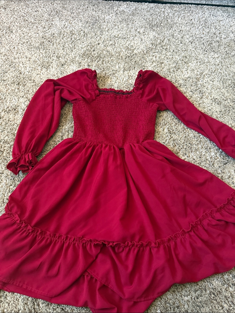 Girls' Smocked Long-Sleeve Red Dress